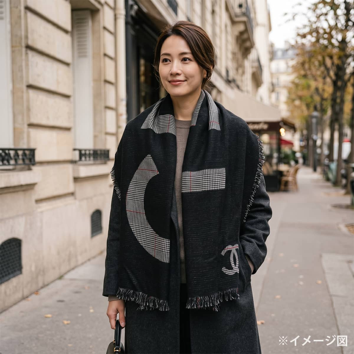 CHANEL Stall Logo COCO Mark Houndstooth pattern Check Fringe Noir (Black)/Grey/Blanc (White)/red Silk/Cashmere[EXCELLENT][Authentic]