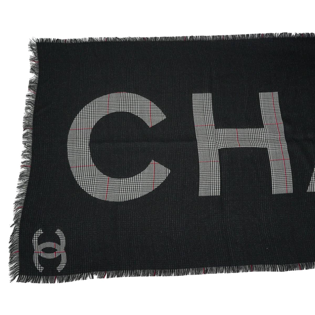 CHANEL Stall Logo COCO Mark Houndstooth pattern Check Fringe Noir (Black)/Grey/Blanc (White)/red Silk/Cashmere[EXCELLENT][Authentic]
