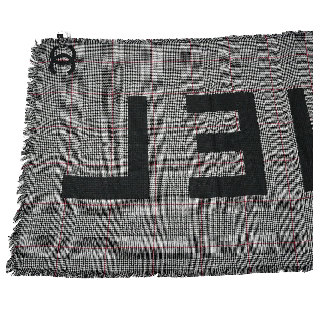 CHANEL Stall Logo COCO Mark Houndstooth pattern Check Fringe Noir (Black)/Grey/Blanc (White)/red Silk/Cashmere[EXCELLENT][Authentic]