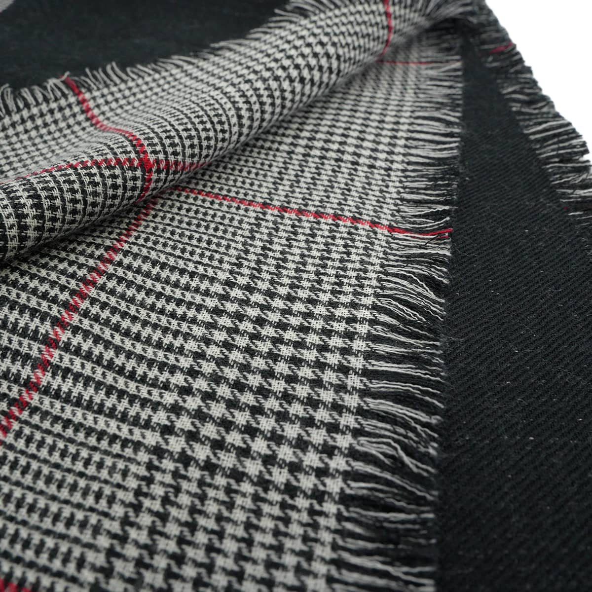 CHANEL Stall Logo COCO Mark Houndstooth pattern Check Fringe Noir (Black)/Grey/Blanc (White)/red Silk/Cashmere[EXCELLENT][Authentic]