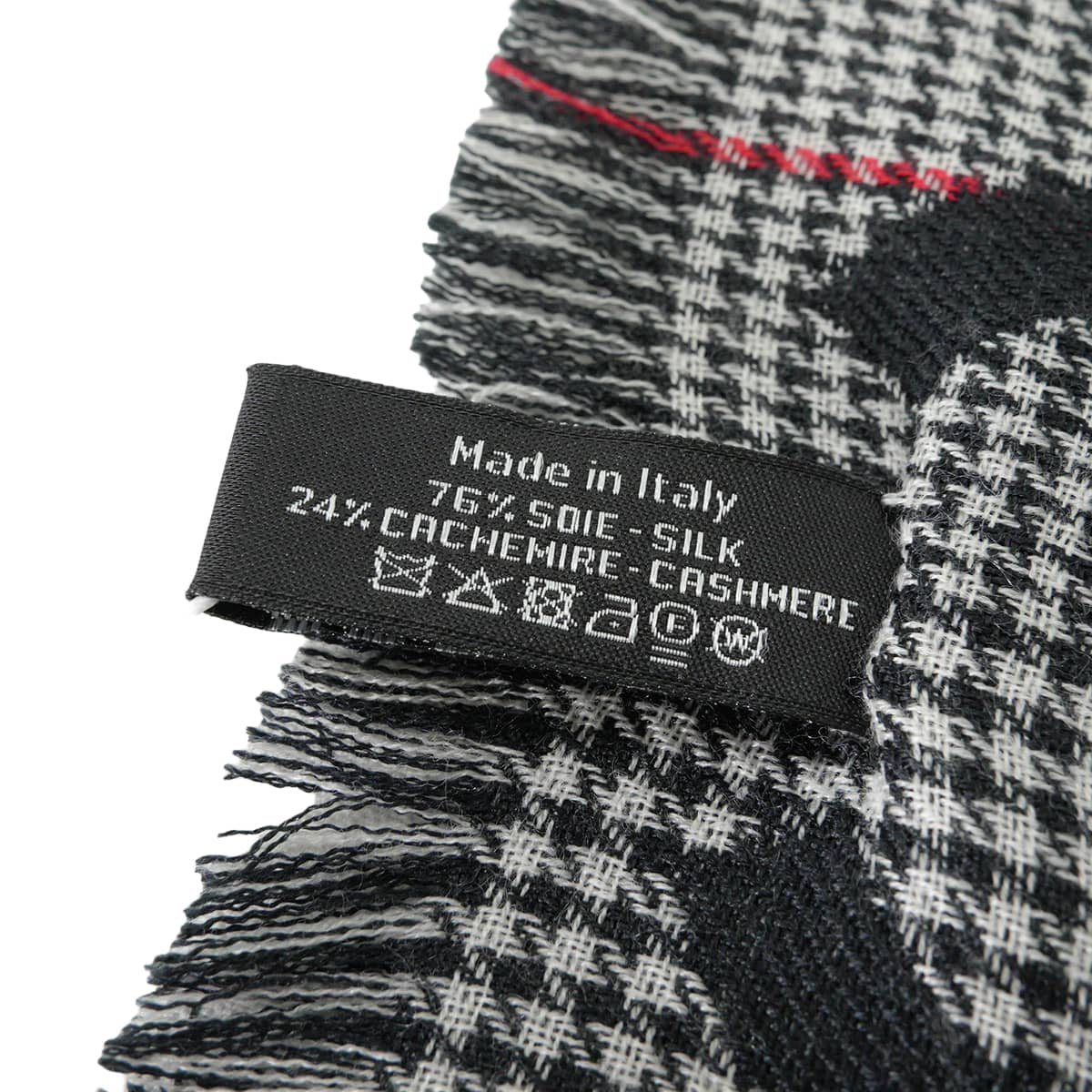CHANEL Stall Logo COCO Mark Houndstooth pattern Check Fringe Noir (Black)/Grey/Blanc (White)/red Silk/Cashmere[EXCELLENT][Authentic]