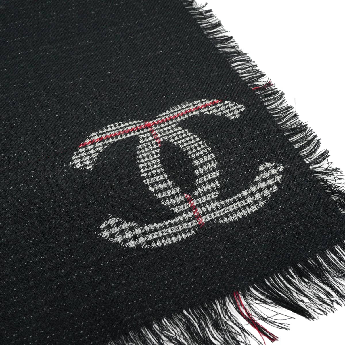 CHANEL Stall Logo COCO Mark Houndstooth pattern Check Fringe Noir (Black)/Grey/Blanc (White)/red Silk/Cashmere[EXCELLENT][Authentic]
