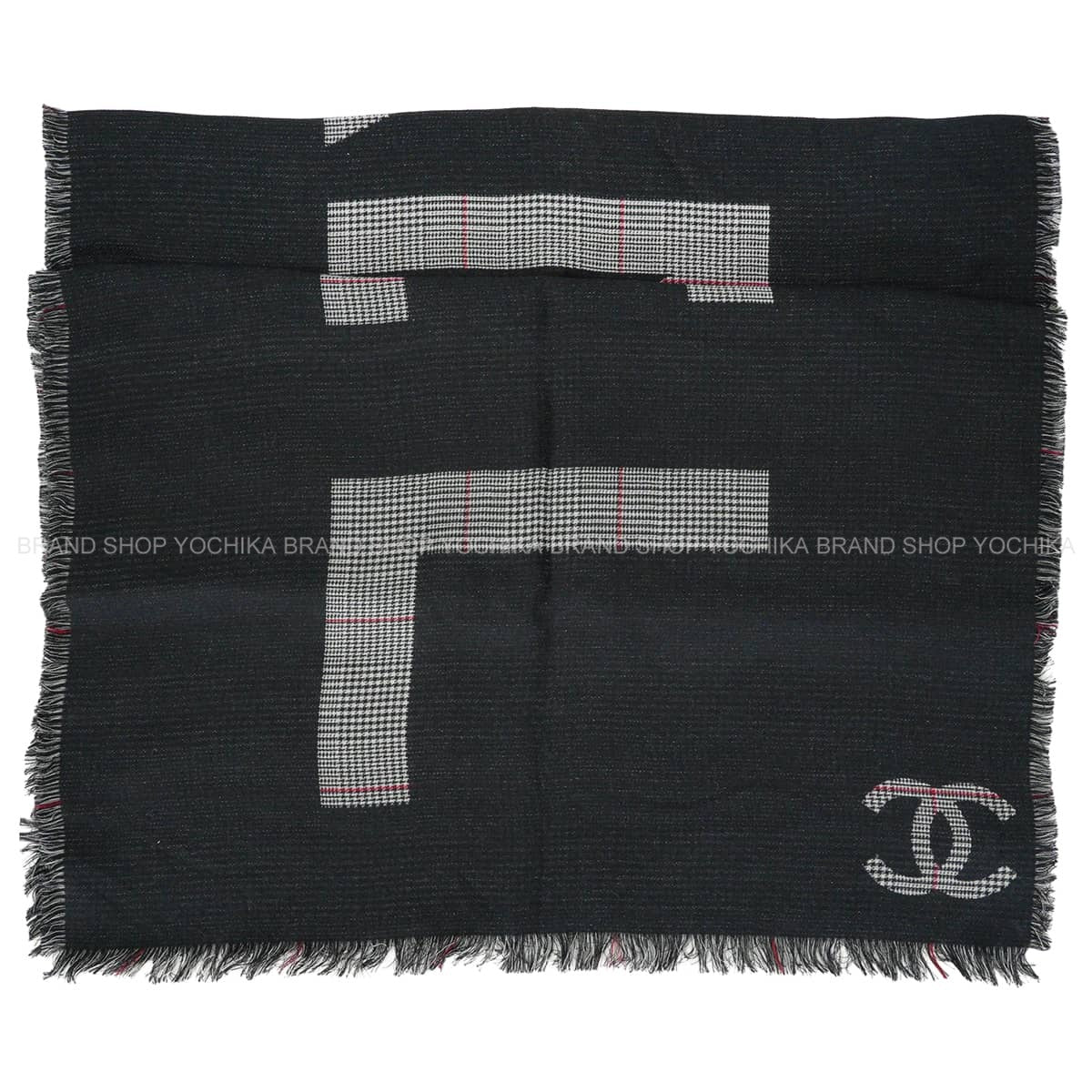 CHANEL Stall Logo COCO Mark Houndstooth pattern Check Fringe Noir (Black)/Grey/Blanc (White)/red Silk/Cashmere[EXCELLENT][Authentic]