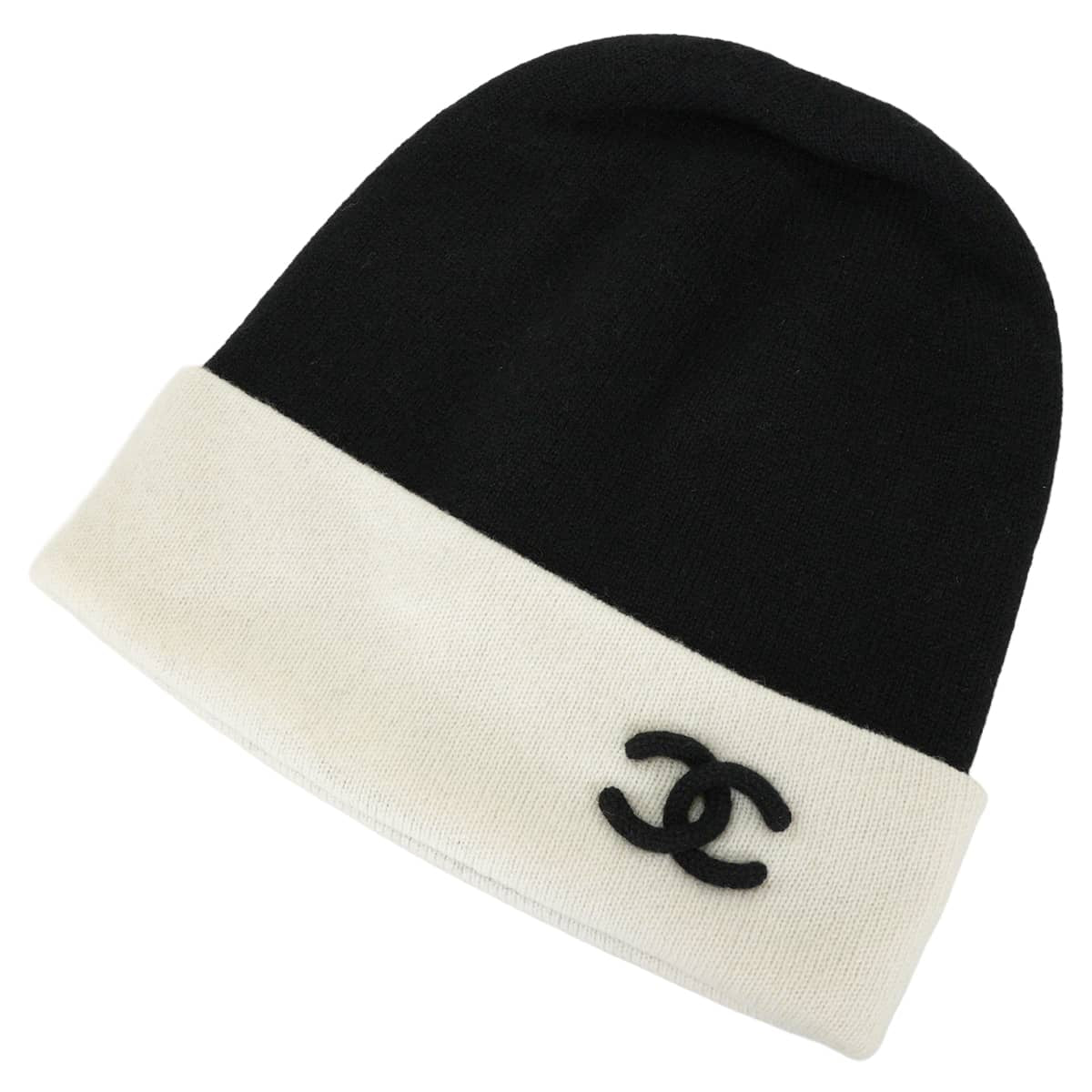2022AW CHANEL Knit cap COCO Mark two-tone #50 Noir (Black)/Blanc (White) Cashmere[EXCELLENT][Authentic]