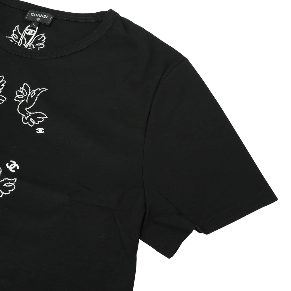 2022 Cruise Collection CHANEL Short sleeve t shirt Jean Cocteau design bird embroidery COCO Mark Noir (Black)/Blanc (White) Cotton #XL Silver HW P72139[EXCELLENT][Authentic]