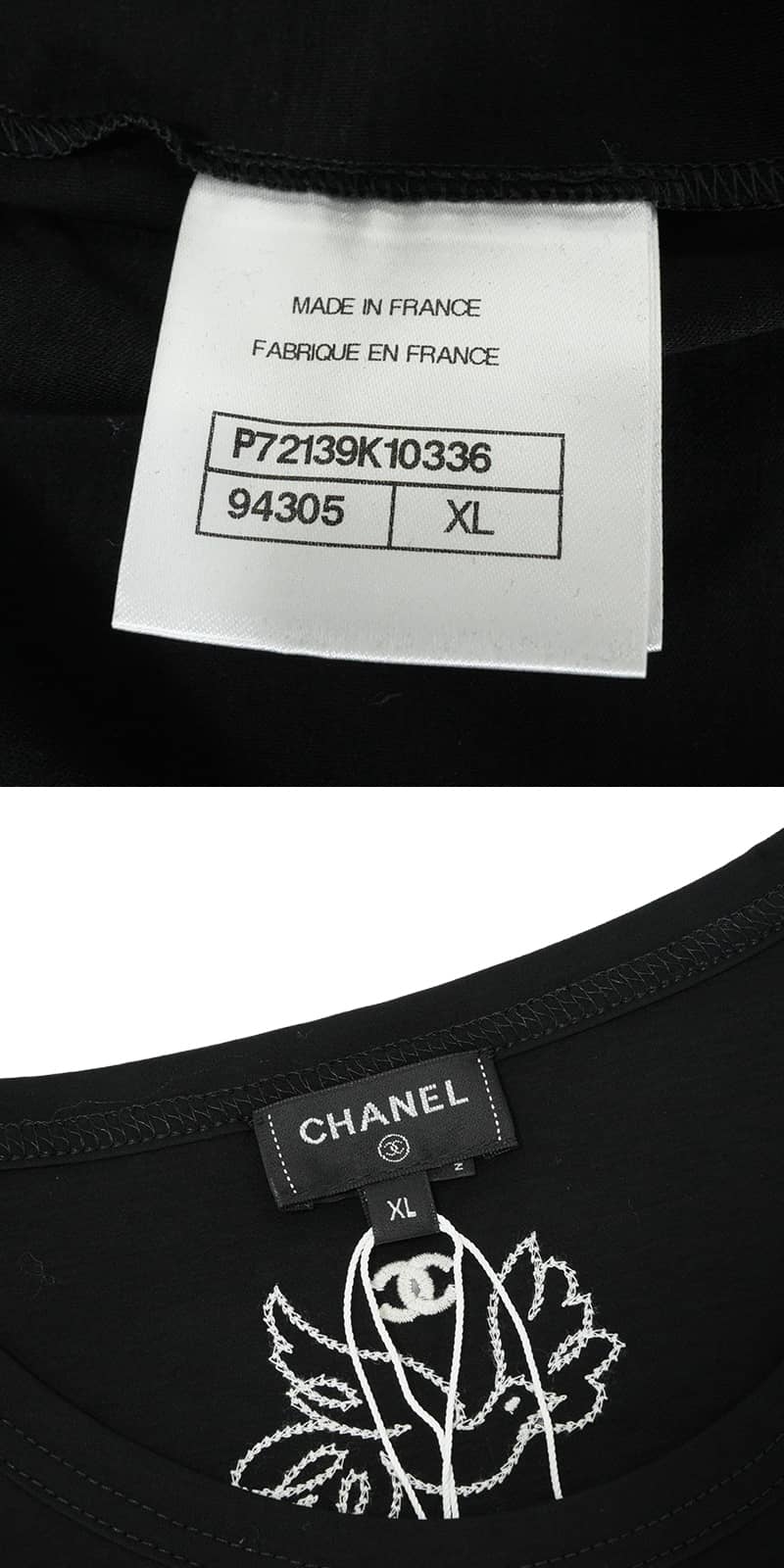 2022 Cruise Collection CHANEL Short sleeve t shirt Jean Cocteau design bird embroidery COCO Mark Noir (Black)/Blanc (White) Cotton #XL Silver HW P72139[EXCELLENT][Authentic]
