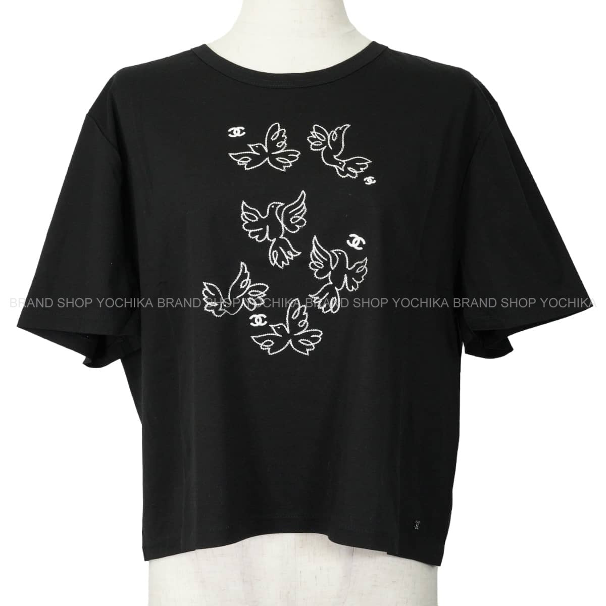 2022 Cruise Collection CHANEL Short sleeve t shirt Jean Cocteau design bird embroidery COCO Mark Noir (Black)/Blanc (White) Cotton #XL Silver HW P72139[EXCELLENT][Authentic]