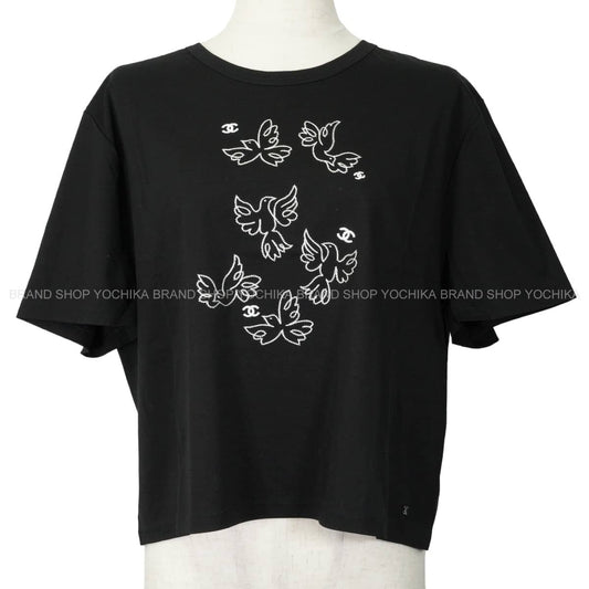 2022 Cruise Collection CHANEL Short sleeve t shirt Jean Cocteau design bird embroidery COCO Mark Noir (Black)/Blanc (White) Cotton #XL Silver HW P72139[EXCELLENT][Authentic]