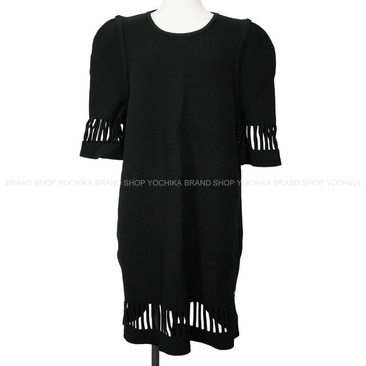 2017 Cruise Collection CHANEL One‐piece dress Crew neck three-quarter sleeve cutout space button	 Noir (Black) Wool/Angola/Nylon/Elastane #50 Silver HW P57808[EXCELLENT][Authentic]