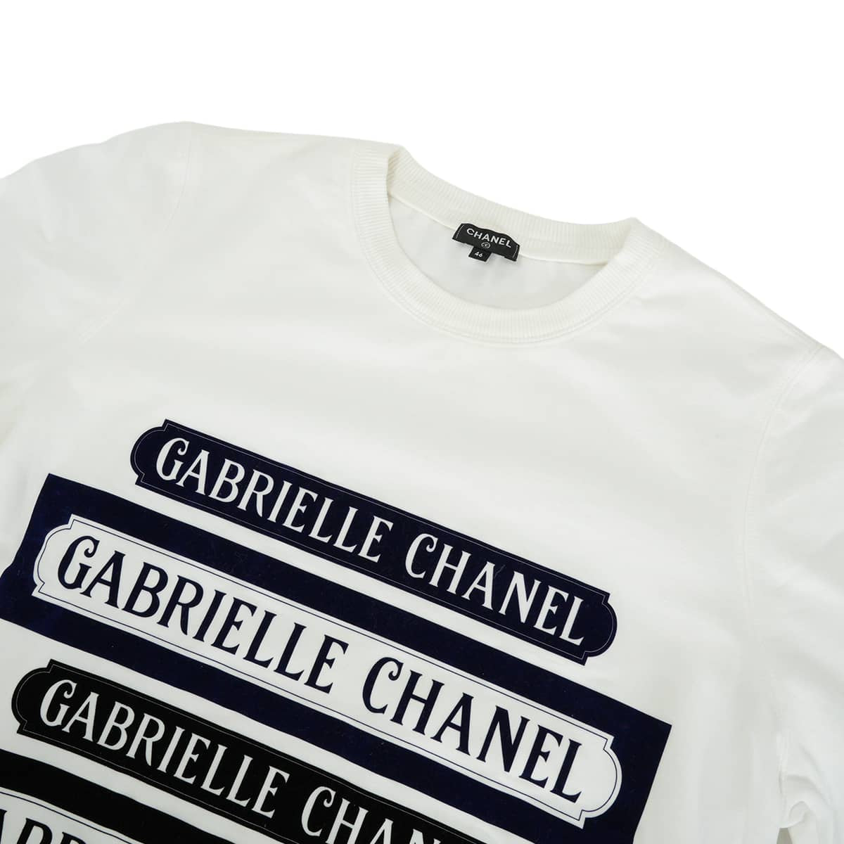 [Pre-loved] CHANEL Tops Sweatshirt Trainer Logo Print Gabrielle Chanel COCO Mark Blanc (White)/Navy/Noir (Black) Cotton Elastane #46 P57408[LIKE NEW][Authentic]