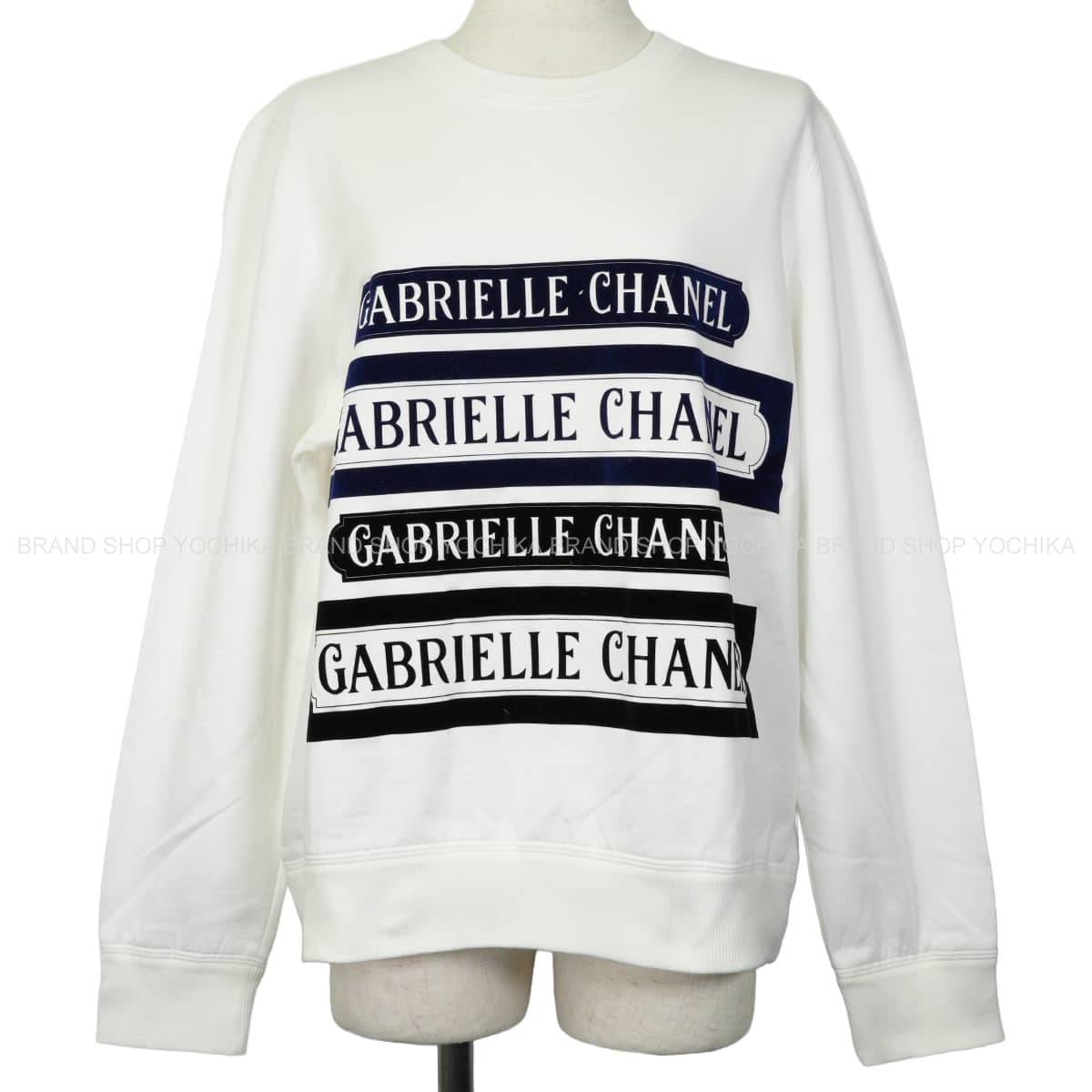 [Pre-loved] CHANEL Tops Sweatshirt Trainer Logo Print Gabrielle Chanel COCO Mark Blanc (White)/Navy/Noir (Black) Cotton Elastane #46 P57408[LIKE NEW][Authentic]