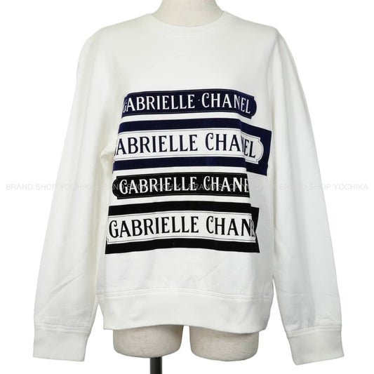 [Pre-loved] CHANEL Tops Sweatshirt Trainer Logo Print Gabrielle Chanel COCO Mark Blanc (White)/Navy/Noir (Black) Cotton Elastane #46 P57408[LIKE NEW][Authentic]