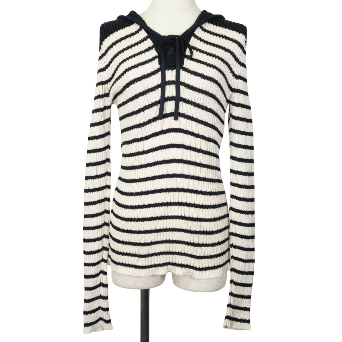 2022SS Dior Knit Women's striped sailor style with logo Blanc (White)/Noir (Black) Cotton #42 214S27AM731[EXCELLENT][Authentic]