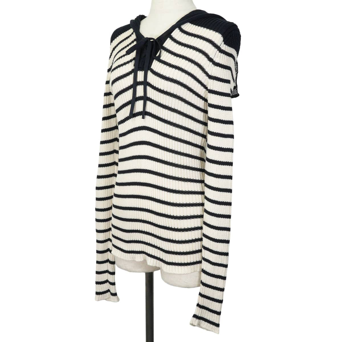2022SS Dior Knit Women's striped sailor style with logo Blanc (White)/Noir (Black) Cotton #42 214S27AM731[EXCELLENT][Authentic]
