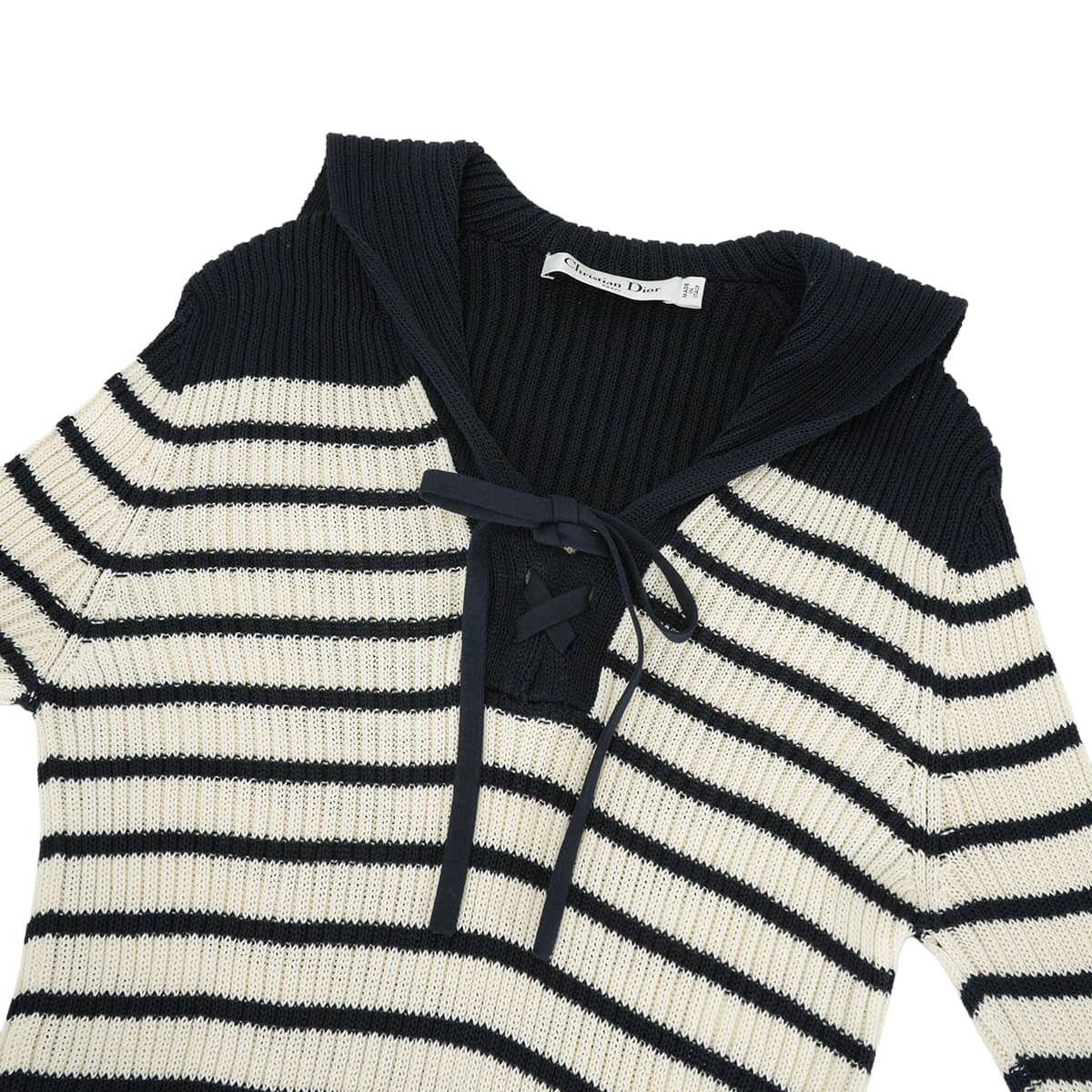 2022SS Dior Knit Women's striped sailor style with logo Blanc (White)/Noir (Black) Cotton #42 214S27AM731[EXCELLENT][Authentic]