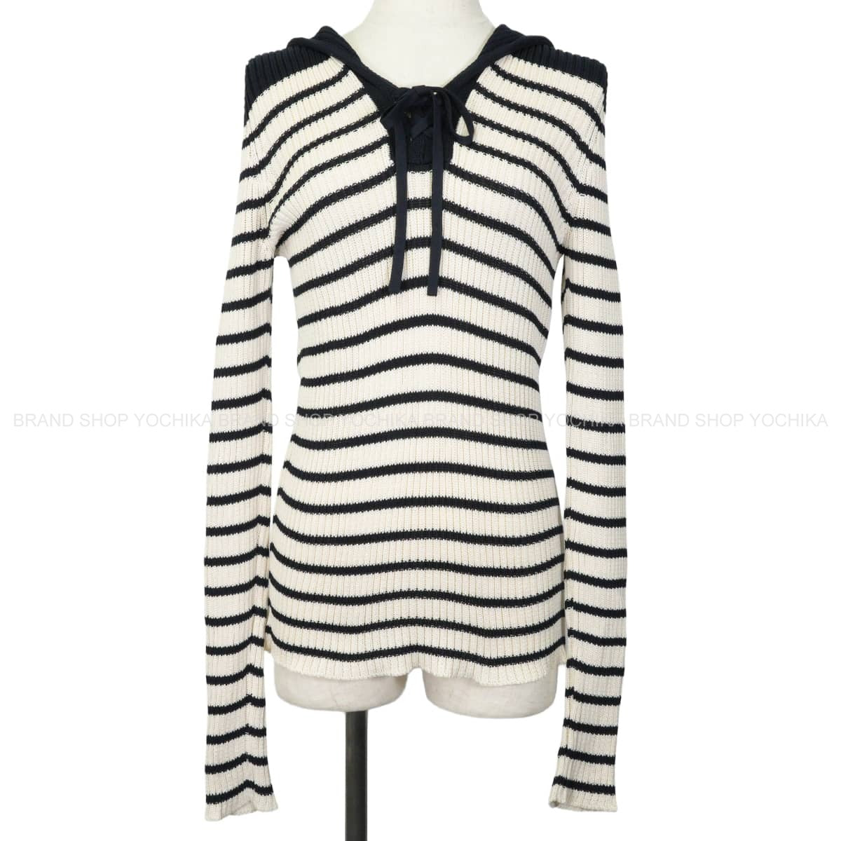 2022SS Dior Knit Women's striped sailor style with logo Blanc (White)/Noir (Black) Cotton #42 214S27AM731[EXCELLENT][Authentic]