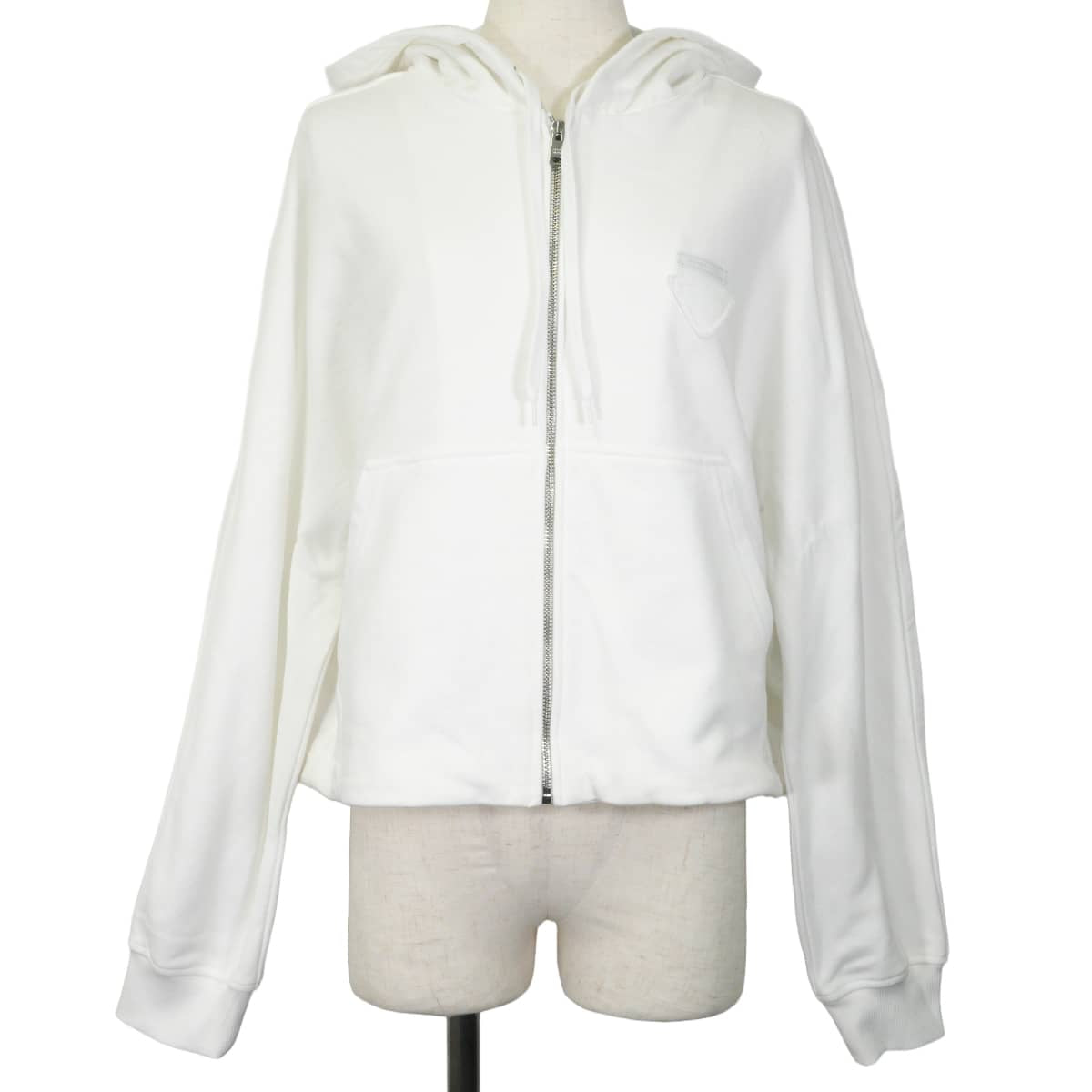 2022 PRADA Hooded sweatshirt Hoodie with triangle logo cropped oversized zip-up Blanc (White) Cotton #L Silver HW 138590 R212 11LN[EXCELLENT][Authentic]