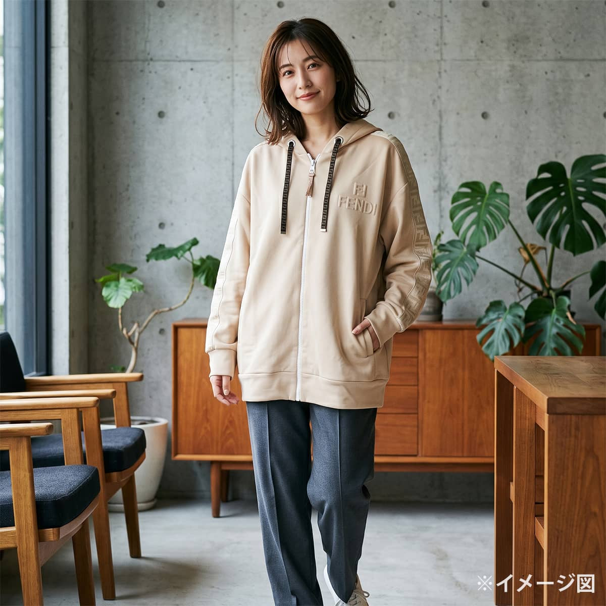 2021SS FENDI Hooded sweatshirt Reversible zip-up hoodie logo Zucca pattern Beige Polyester/Cotton #L Silver HW FAF142AGM7[EXCELLENT][Authentic]
