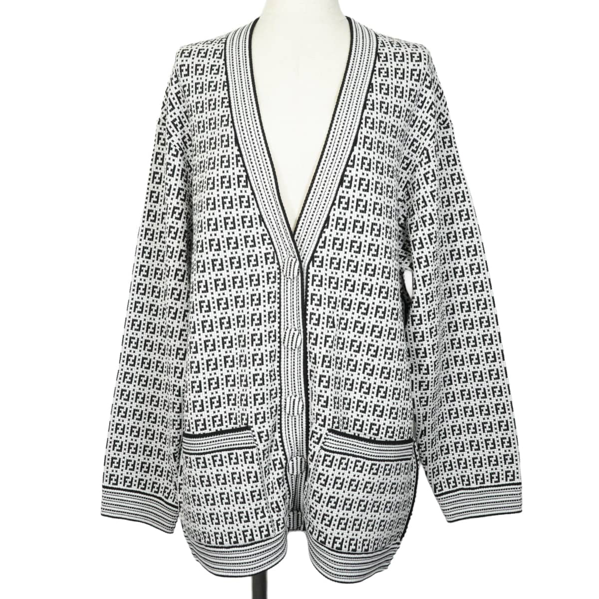 2021SS FENDI Cardigan Knit Zucca pattern Blanc (White)/Noir (Black) Reyon/Polyester/Nylon #44 FZC869 AF4U[EXCELLENT][Authentic]