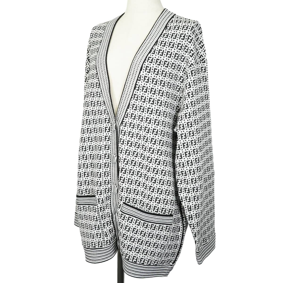 2021SS FENDI Cardigan Knit Zucca pattern Blanc (White)/Noir (Black) Reyon/Polyester/Nylon #44 FZC869 AF4U[EXCELLENT][Authentic]