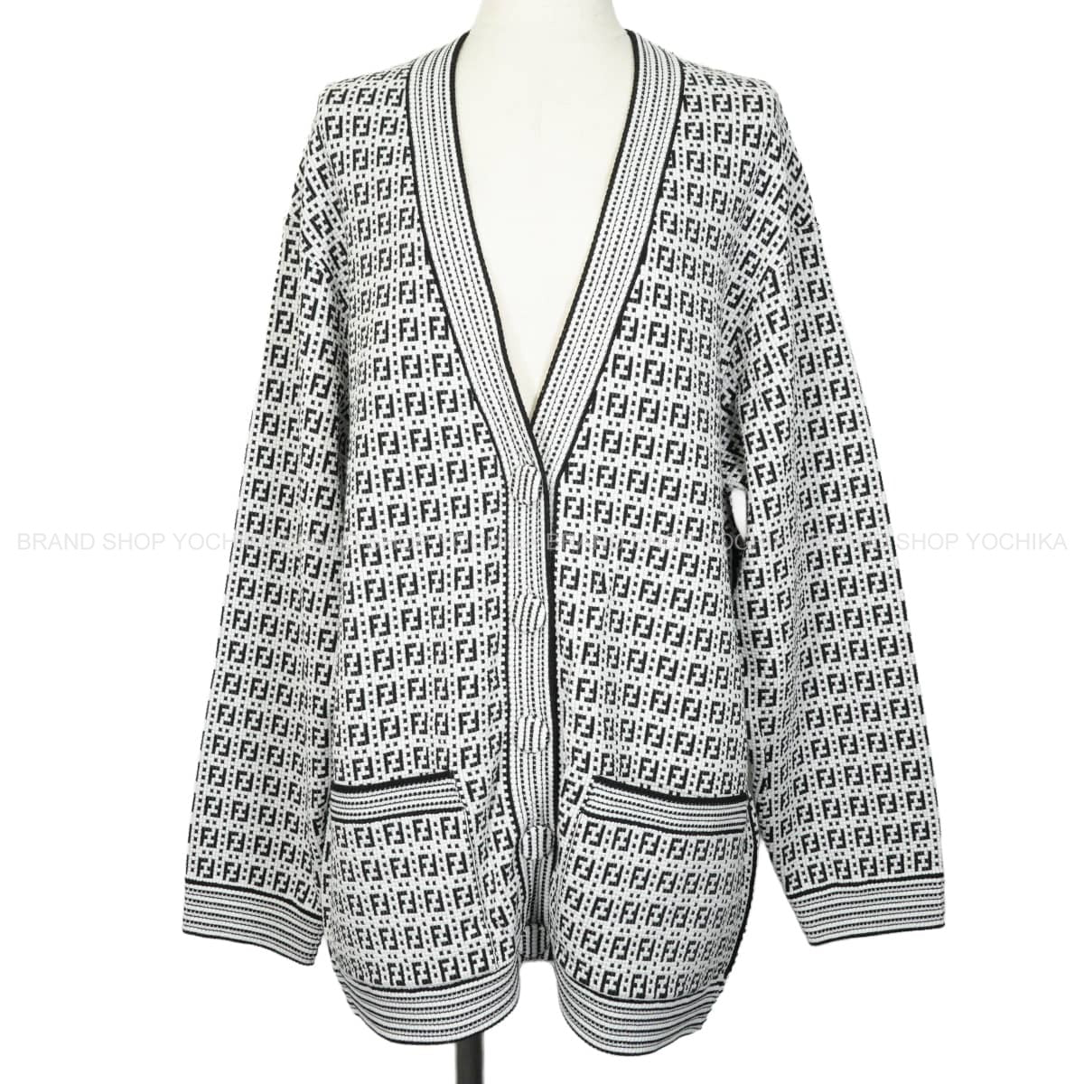 2021SS FENDI Cardigan Knit Zucca pattern Blanc (White)/Noir (Black) Reyon/Polyester/Nylon #44 FZC869 AF4U[EXCELLENT][Authentic]