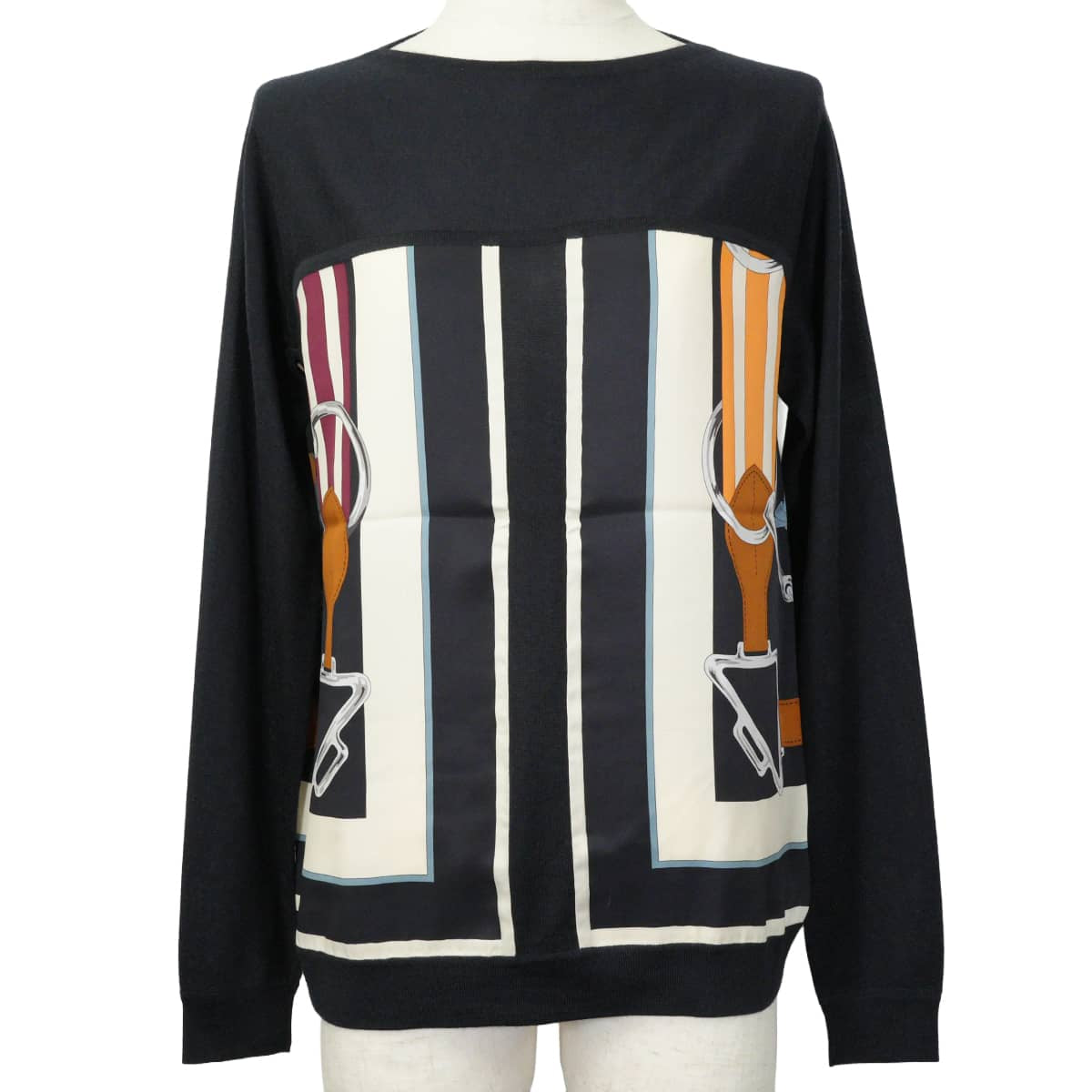 HERMES Knit Women's Twillaine Long Sleeve Top Tattersall Navy/Multicolor Cashmere/Silk #34[EXCELLENT][Authentic]