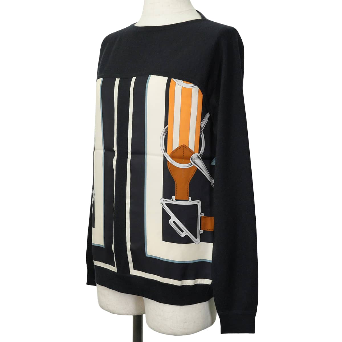 HERMES Knit Women's Twillaine Long Sleeve Top Tattersall Navy/Multicolor Cashmere/Silk #34[EXCELLENT][Authentic]