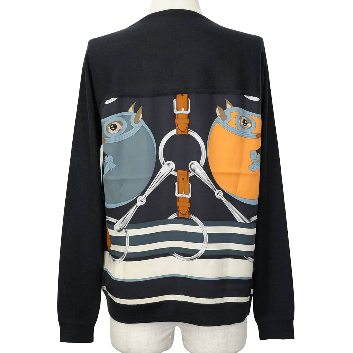 HERMES Knit Women's Twillaine Long Sleeve Top Tattersall Navy/Multicolor Cashmere/Silk #34[EXCELLENT][Authentic]