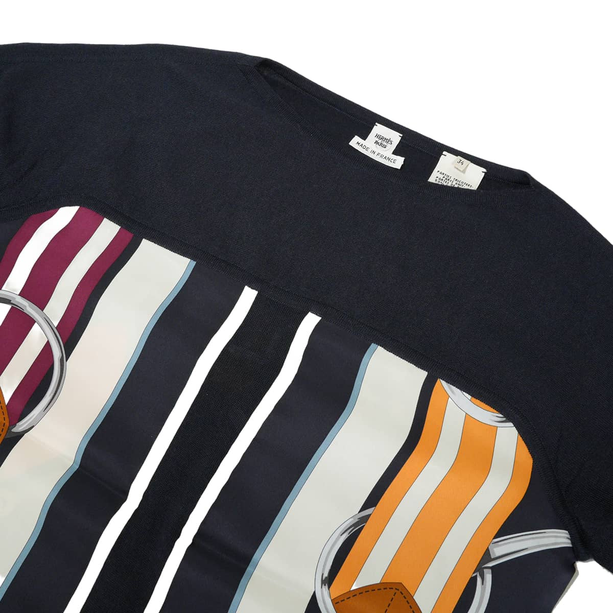 HERMES Knit Women's Twillaine Long Sleeve Top Tattersall Navy/Multicolor Cashmere/Silk #34[EXCELLENT][Authentic]