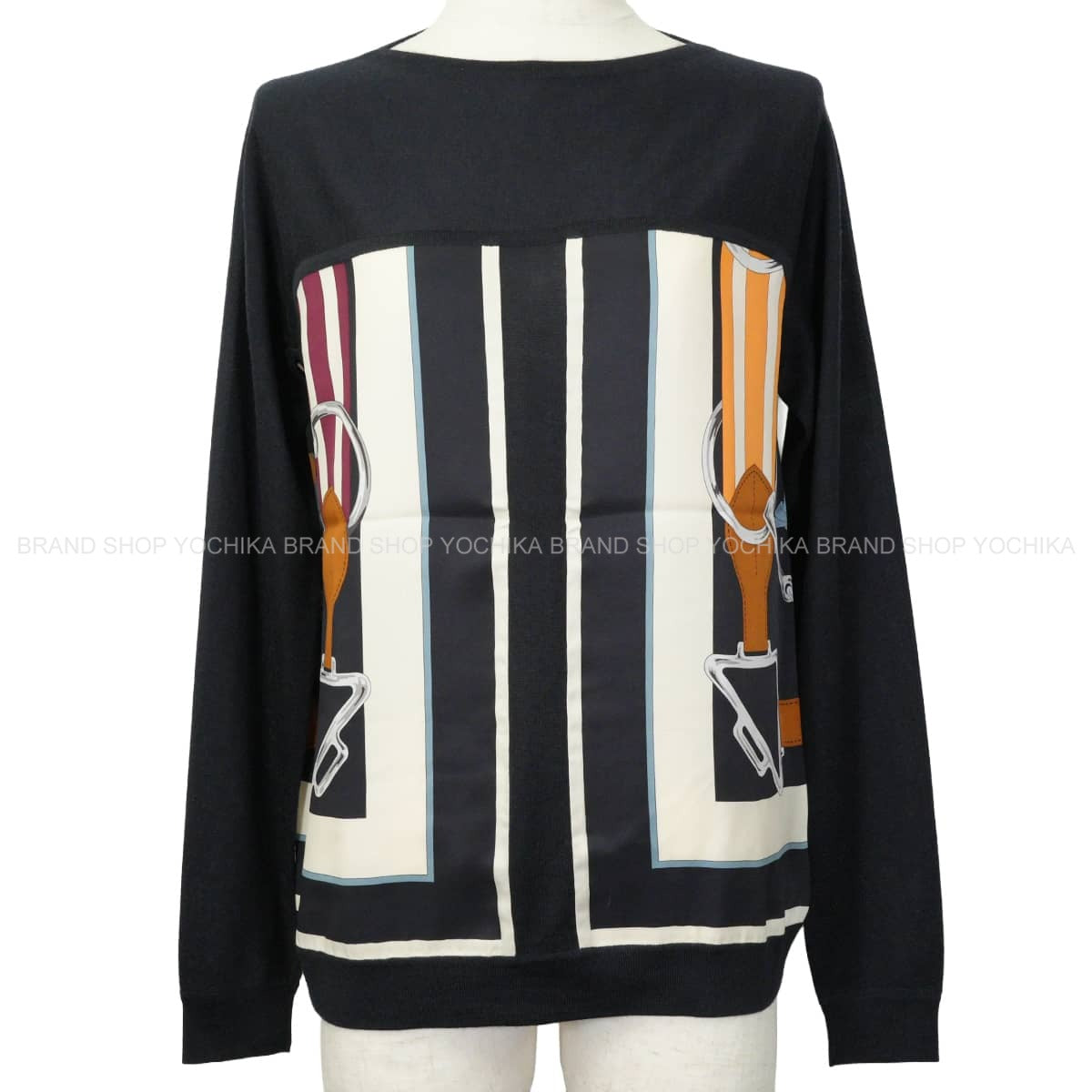 HERMES Knit Women's Twillaine Long Sleeve Top Tattersall Navy/Multicolor Cashmere/Silk #34[EXCELLENT][Authentic]