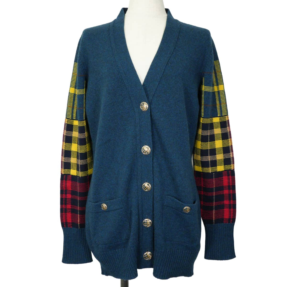 2013AW CHANEL Cardigan Long-sleeved camellia and COCO Mark buttons check pattern Blue/Multicolor Cashmere #38 P46516[EXCELLENT][Authentic]