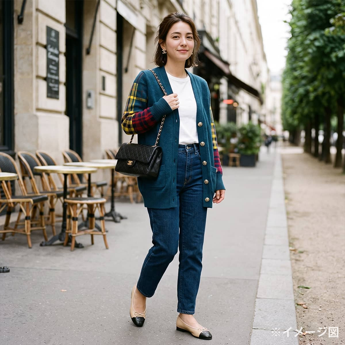 2013AW CHANEL Cardigan Long-sleeved camellia and COCO Mark buttons check pattern Blue/Multicolor Cashmere #38 P46516[EXCELLENT][Authentic]