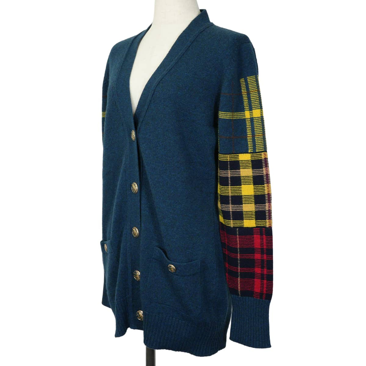 2013AW CHANEL Cardigan Long-sleeved camellia and COCO Mark buttons check pattern Blue/Multicolor Cashmere #38 P46516[EXCELLENT][Authentic]