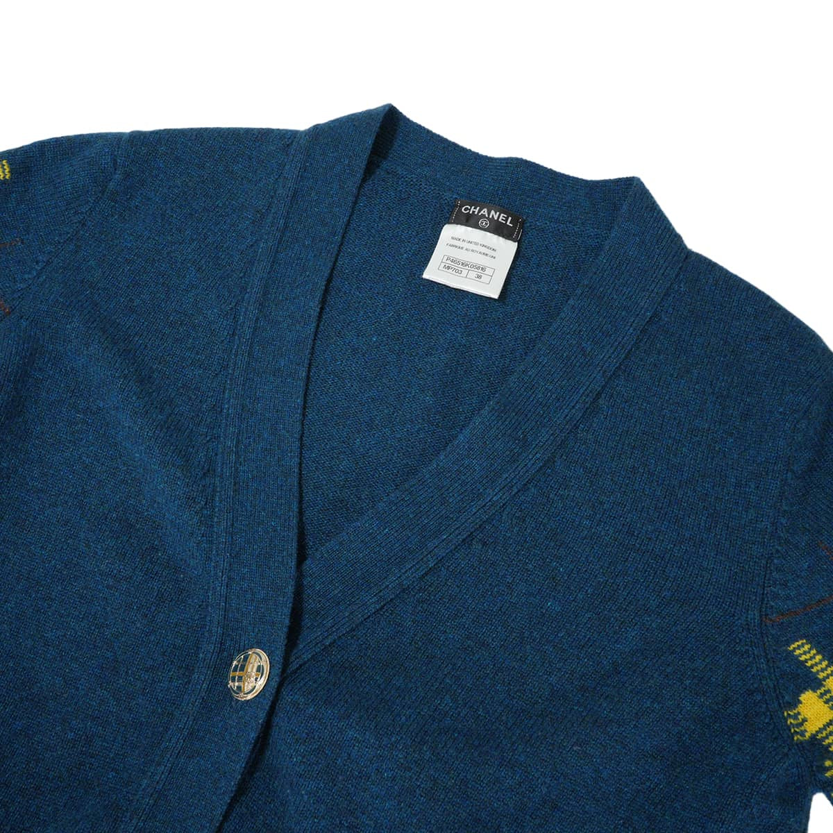 2013AW CHANEL Cardigan Long-sleeved camellia and COCO Mark buttons check pattern Blue/Multicolor Cashmere #38 P46516[EXCELLENT][Authentic]