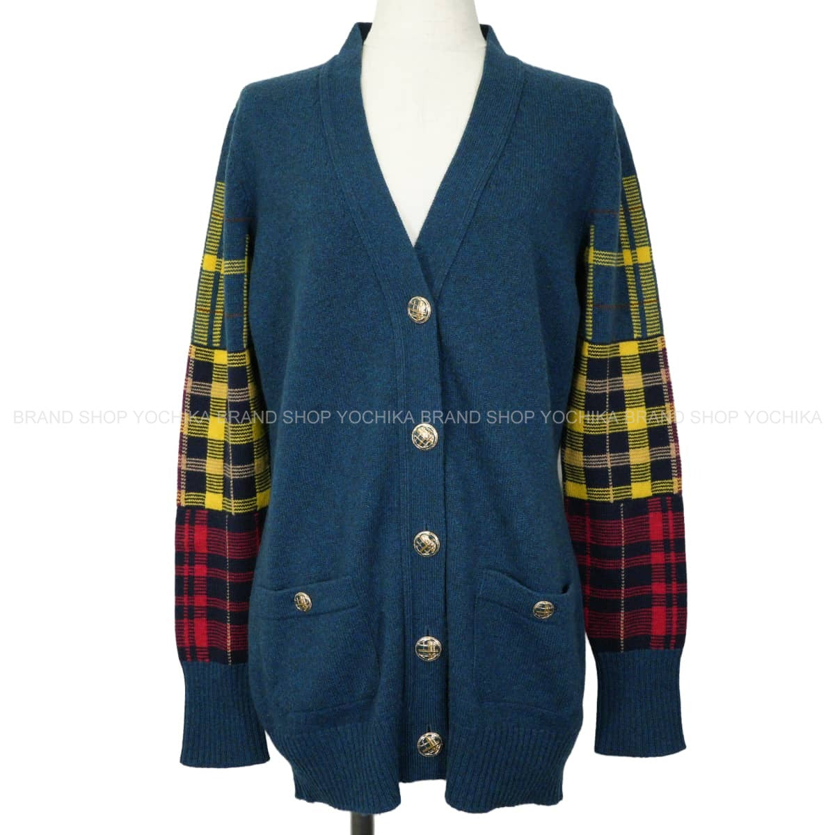 2013AW CHANEL Cardigan Long-sleeved camellia and COCO Mark buttons check pattern Blue/Multicolor Cashmere #38 P46516[EXCELLENT][Authentic]