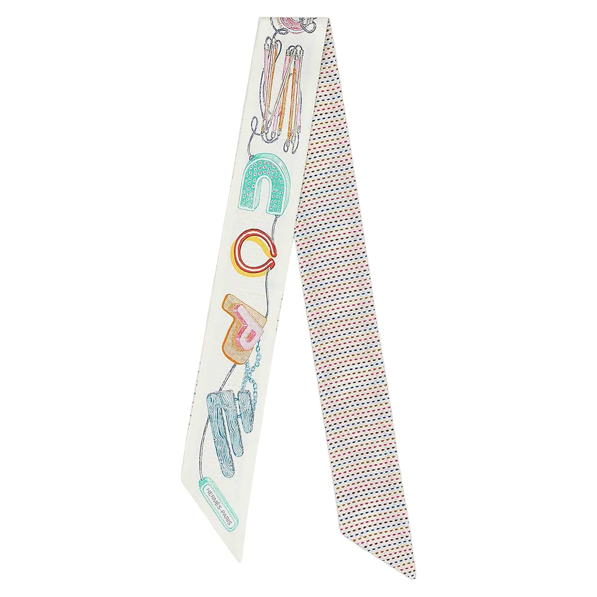 2023SS HERMES scarf Twilly Pointier embroidery chevaloscope Blanc (White)/Rose/Veil Silk100%[EXCELLENT][Authentic]
