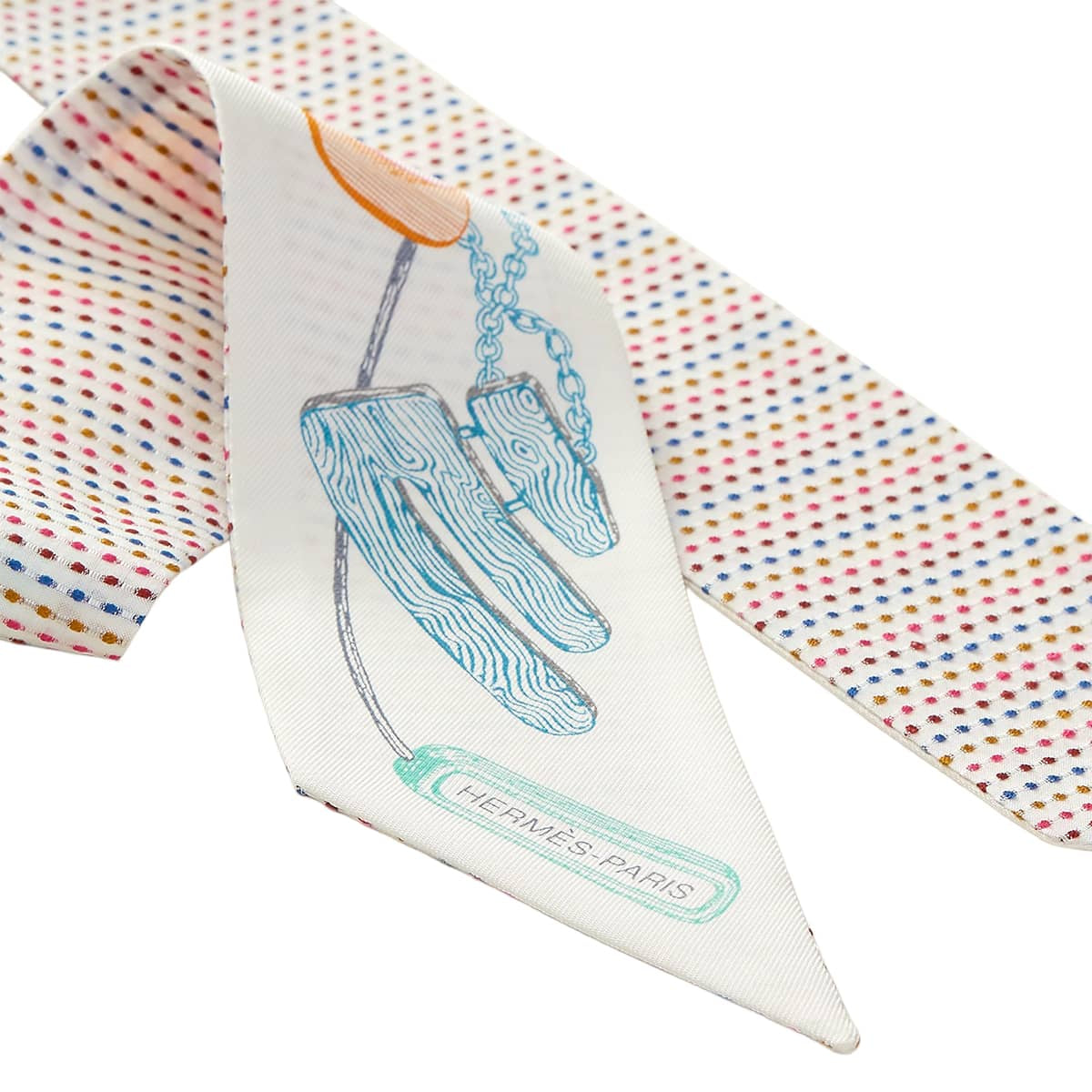 2023SS HERMES scarf Twilly Pointier embroidery chevaloscope Blanc (White)/Rose/Veil Silk100%[EXCELLENT][Authentic]