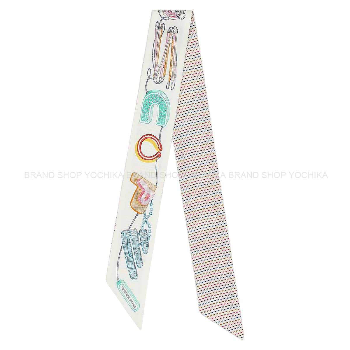 2023SS HERMES scarf Twilly Pointier embroidery chevaloscope Blanc (White)/Rose/Veil Silk100%[EXCELLENT][Authentic]