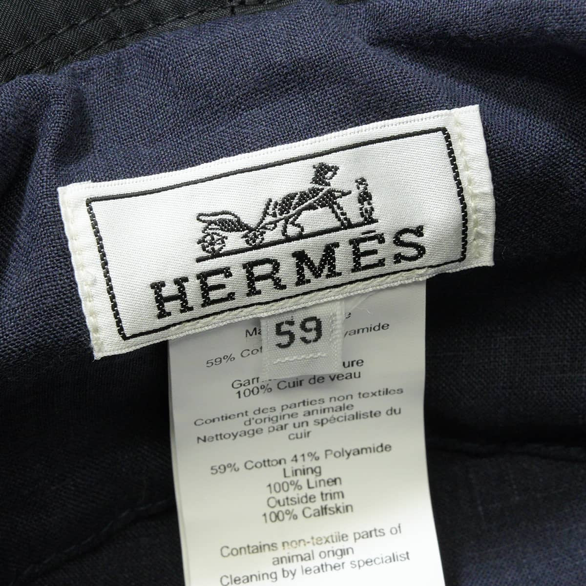 HERMES hat Elvis Cheval Bucket #59 Noir (Black)/Bleu Encre Cotton/Nylon/Cow Leather[EXCELLENT][Authentic]