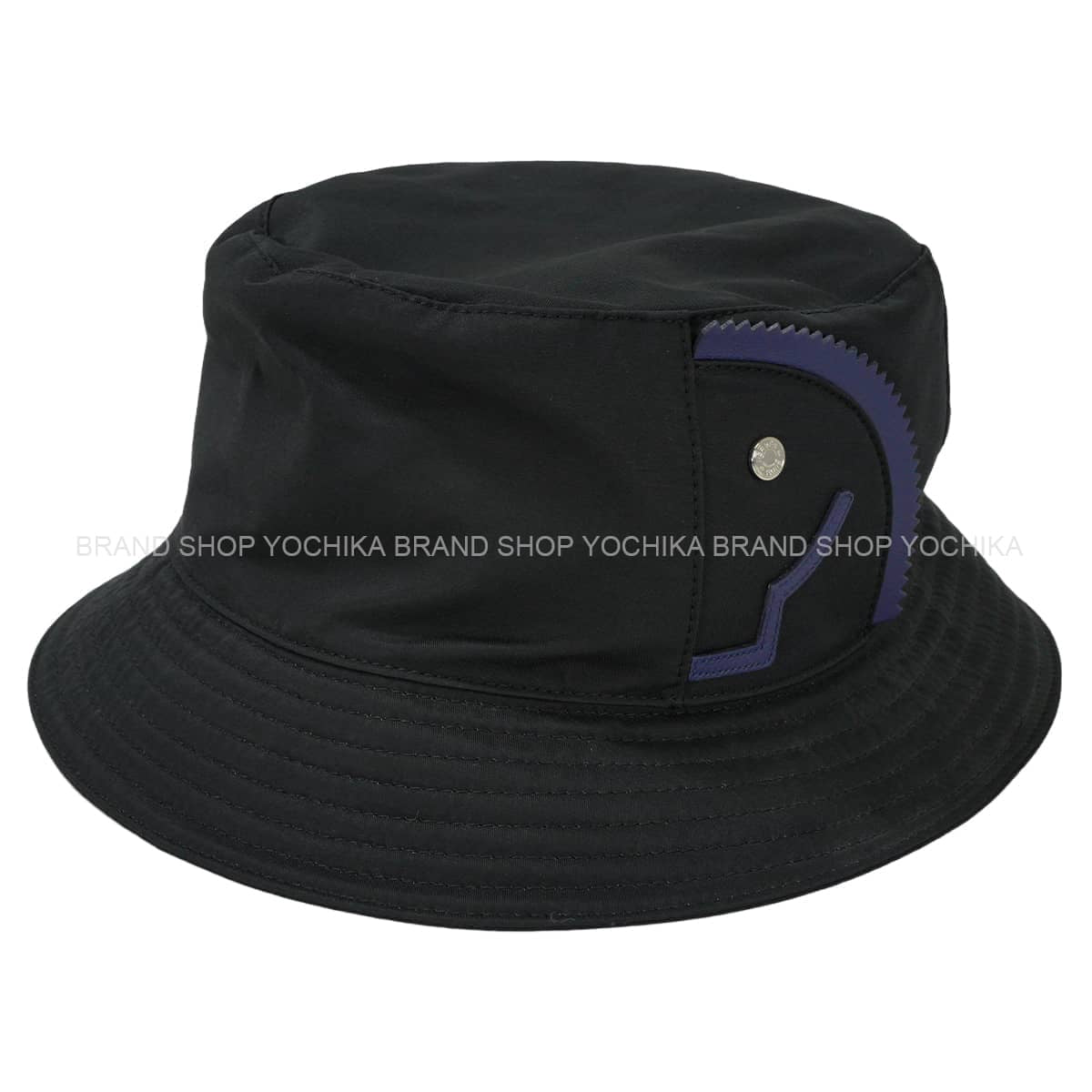 HERMES hat Elvis Cheval Bucket #59 Noir (Black)/Bleu Encre Cotton/Nylon/Cow Leather[EXCELLENT][Authentic]