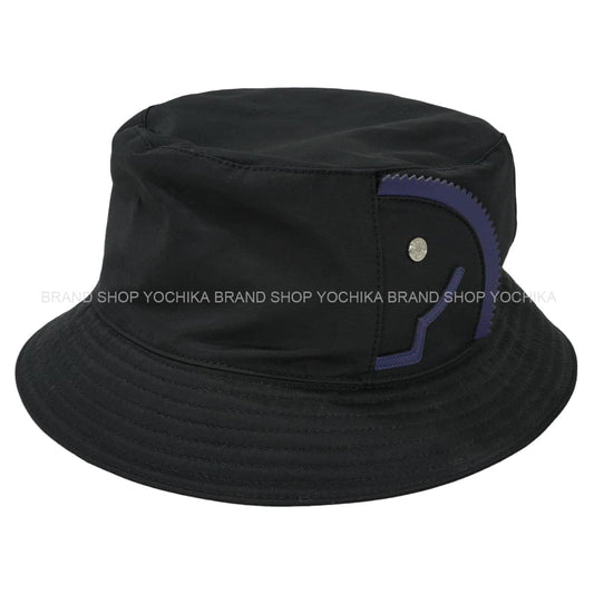 HERMES hat Elvis Cheval Bucket #59 Noir (Black)/Bleu Encre Cotton/Nylon/Cow Leather[EXCELLENT][Authentic]