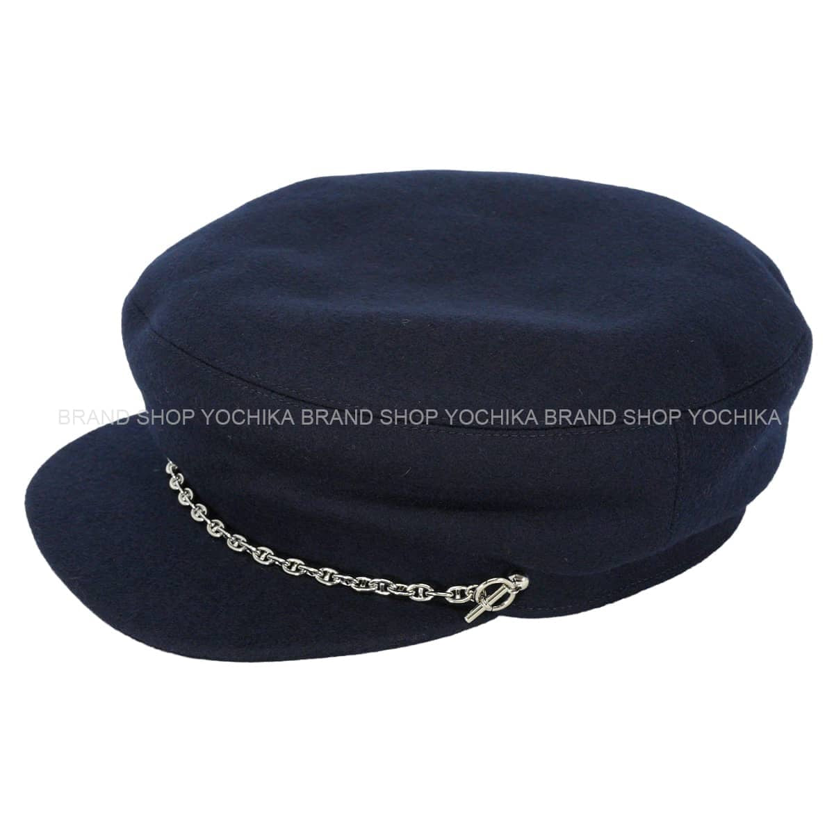 HERMES Casquette BELLE-ILE Chaine d'Ancre #59 Marine Cashmere/Silk/Reyon Silver HW[EXCELLENT][Authentic]