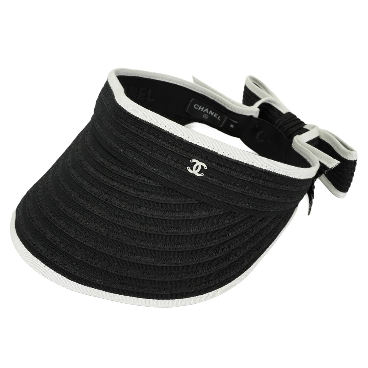 2022SS CHANEL Sun visor Hat COCO Mark Ribbon Two-Tone #M Noir (Black)/Blanc (White) Raffia AA8071[EXCELLENT][Authentic]
