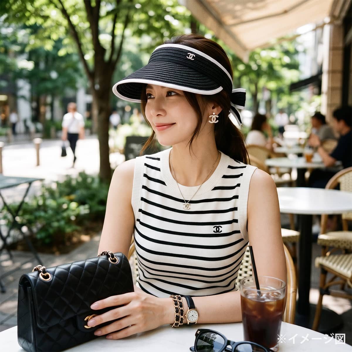 2022SS CHANEL Sun visor Hat COCO Mark Ribbon Two-Tone #M Noir (Black)/Blanc (White) Raffia AA8071[EXCELLENT][Authentic]