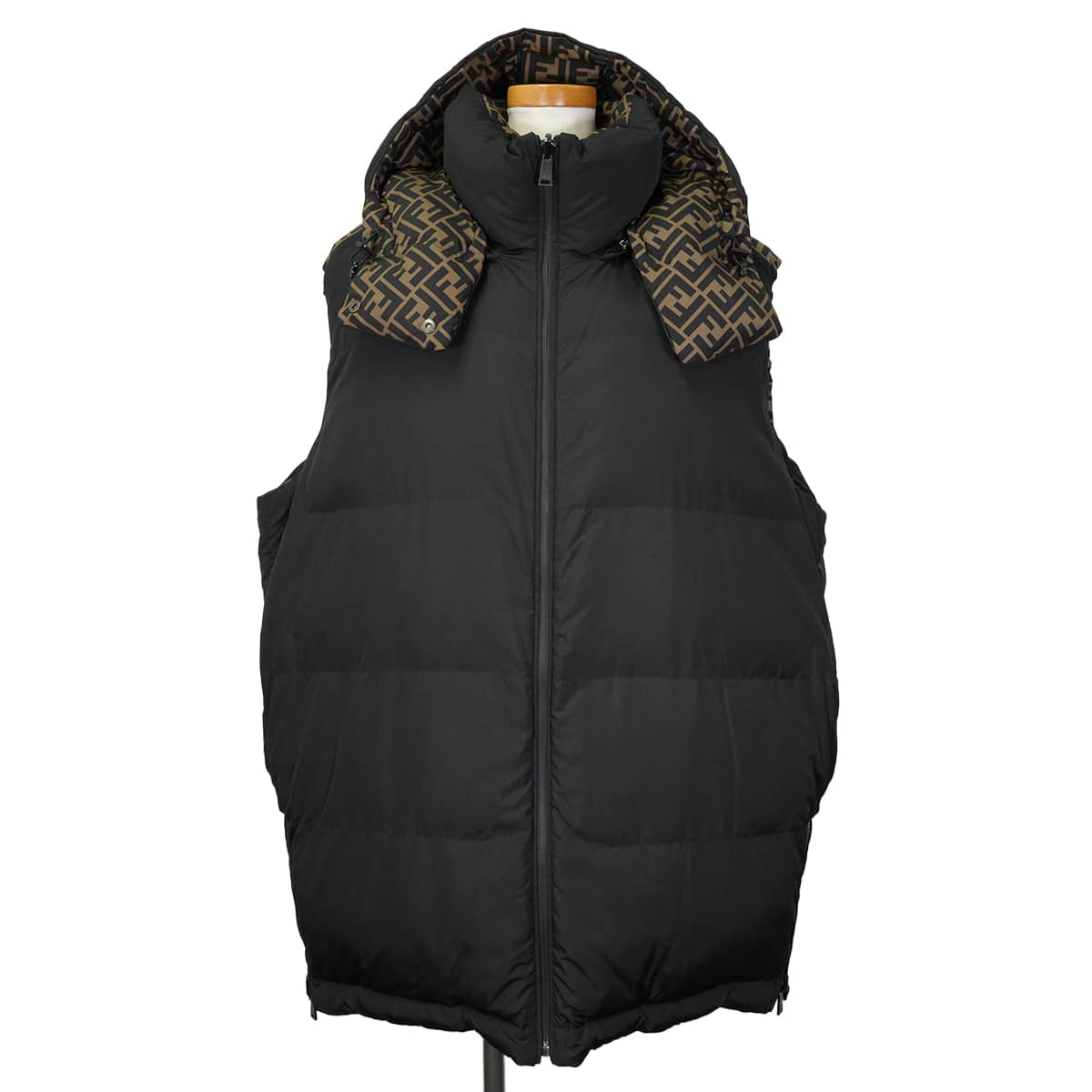 FENDI Down vest Reversible Hood Long LengthZucca pattern/black Nylon #M FAA486 AB3P[EXCELLENT][Authentic]