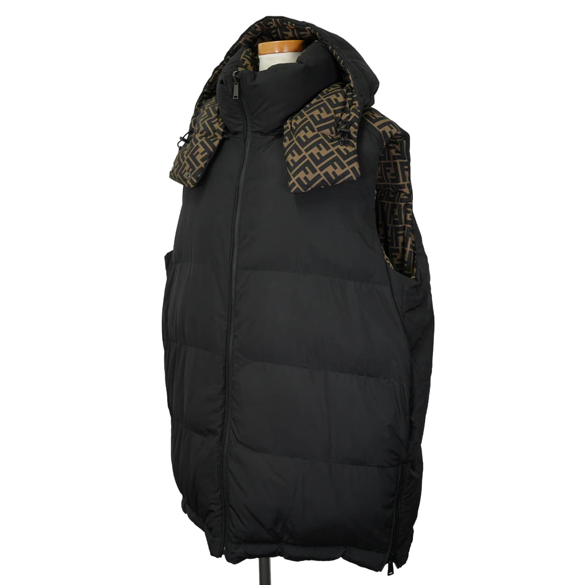 FENDI Down vest Reversible Hood Long LengthZucca pattern/black Nylon #M FAA486 AB3P[EXCELLENT][Authentic]