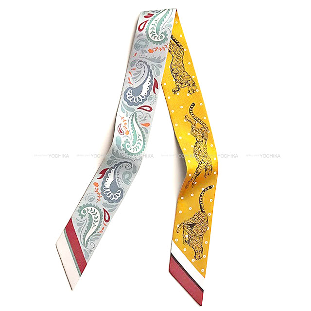 2024AW HERMES scarf Twilly Cheetah bandana Gris Perle/Rouge H/Vert Amande Silk100% H064179S03[EXCELLENT][Authentic]