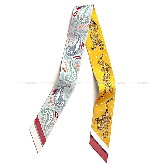 2024AW HERMES scarf Twilly Cheetah bandana Gris Perle/Rouge H/Vert Amande Silk100% H064179S03[EXCELLENT][Authentic]