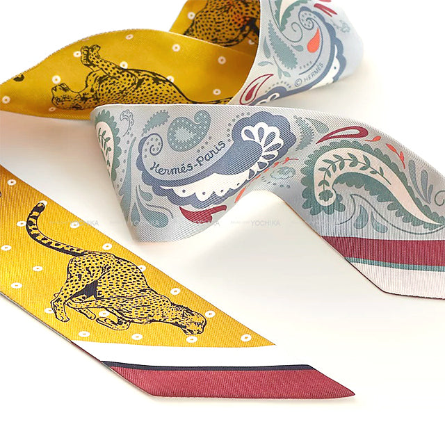 2024AW HERMES scarf Twilly Cheetah bandana Gris Perle/Rouge H/Vert Amande Silk100% H064179S03[EXCELLENT][Authentic]
