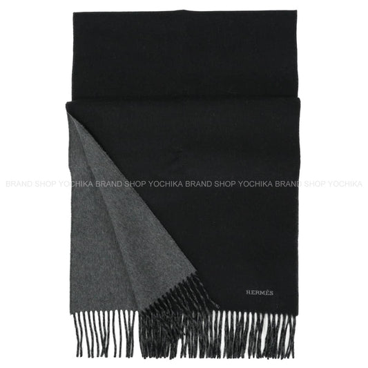 HERMES muffler Bicolor Recto-Verso Reversible Noir (Black)Flannel Gray Cashmere100% H393800T 04[BRAND NEW][Authentic]